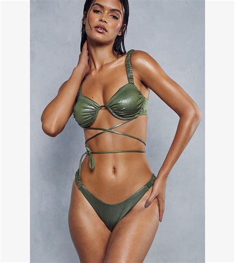 Buy Misspap Metallic Ruched Strappy Cross Bikini Set In Khaki