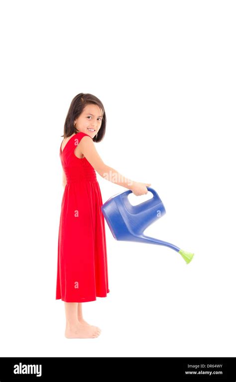 girl holding a watering can, Isolated, white background Stock Photo - Alamy