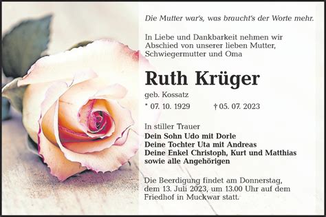 Traueranzeigen von Ruth Krüger lr online trauer de