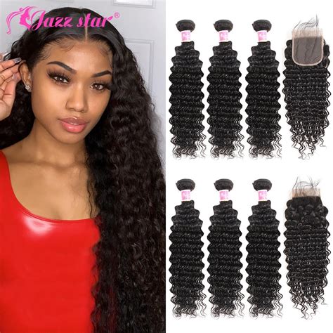 Brazilian Deep Wave Bundles With Closure Non Remy Human Hair 3 And 4