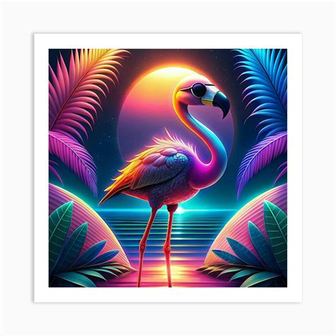 A Flamingo Wearing Sunglasses In A Neon Tropical Landscape Art Print By