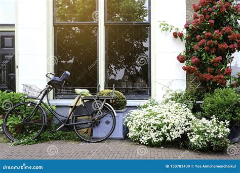 Ancient Bikes Parked In Front Of The House Bicycle Leaning On The Big