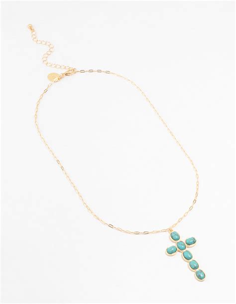 Gold Aqua Semi Precious Turquoise Cross Pendant Necklace Lovisa