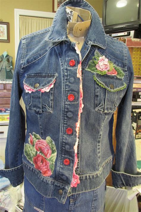 Jean Jacket Upcycled With Shabby Applique And Old Lace Denim Jacket