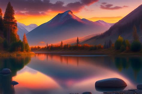 Premium AI Image | A mountain lake with a sunset in the background