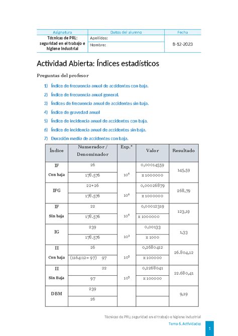 Ndices Estadisticos T Cnicas De Prl Seguridad En El Trabajo E