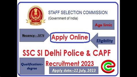 SSC SI In Delhi Police CAPFs Recruitment 2023 Apply Online For 1876