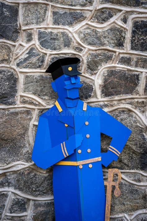 Full Size Blue Wooden Vintage Male Figure Police Officer With Stone
