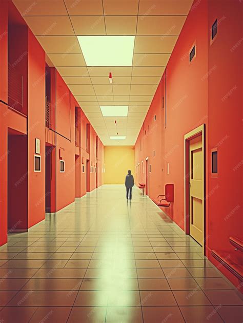 Premium Ai Image A Man Is Walking Down A Hallway With A Red Wall And A Red Wall