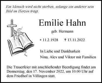 Traueranzeigen Von Emilie Hahn Schwarzw Lder Bote Trauer