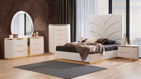 Milky White Tufted Queen Led Bedroom Set 5P PASSION Galaxy Home