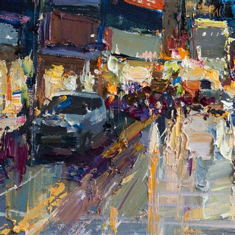 Night City Street Original Urban Landscape Painting Impasto Art