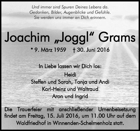 Traueranzeigen Von Joachim Grams Zvw Trauer