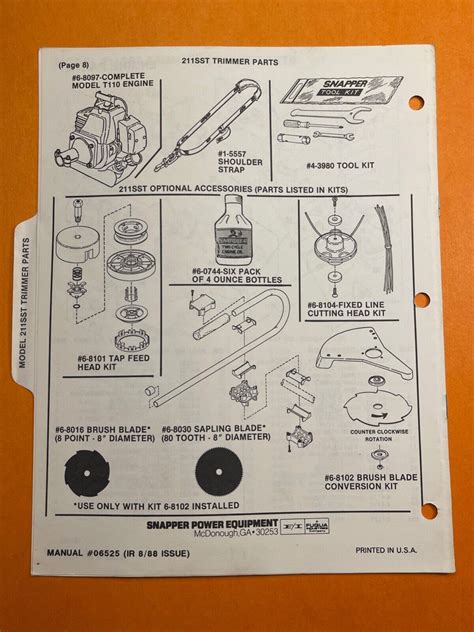 Snapper Model 211sst Trimmer Parts Manual 06525 1988 String Trimmer Ebay