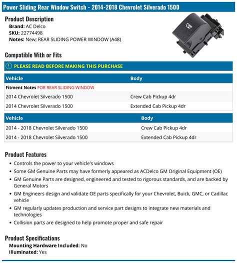 2014-2018 Chevrolet Silverado 1500 Power Sliding Rear Window Switch
