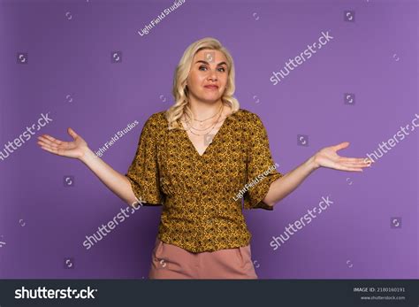 Confused Blonde Woman Menopause Showing Shrug Stock Photo 2180160191