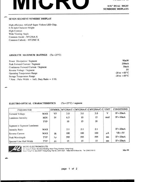MY256A 1 Datasheet Displays Equivalent Micro Electronics