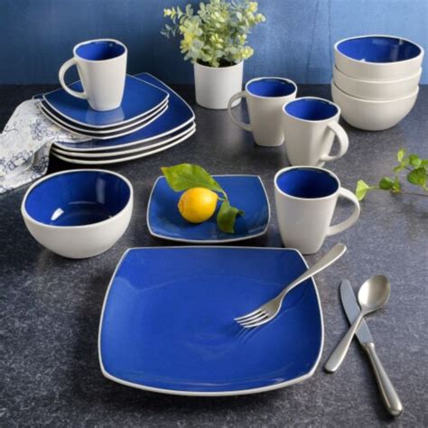 Gibson Soho Lounge White Square Piece Dinnerware Set Blue Service