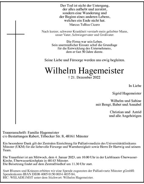 Traueranzeigen Von Wilhelm Hagemeister Trauer In Nrw De