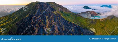 Aerial View Panorama Of Mountains Rock Cliff At Kawah Ijen Volcano With