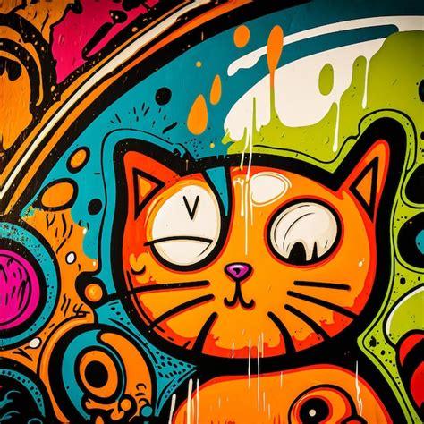 Colorful Cat Graffiti Painted On A Wall Digital Painting Artwork