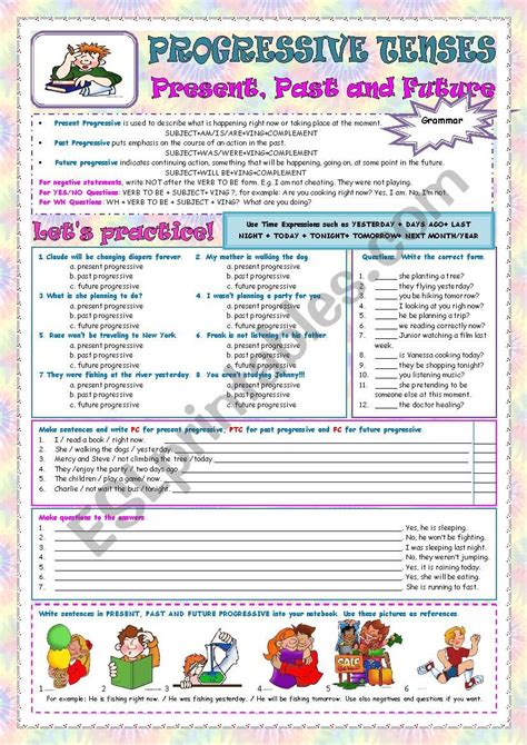 PROGRESSIVE TENSES / PRESENT, PAST AND FUTURE - ESL worksheet by Sonyta04