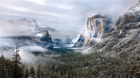 Nature Landscape Mountain Clouds Usa Winter Morning Forest Mist