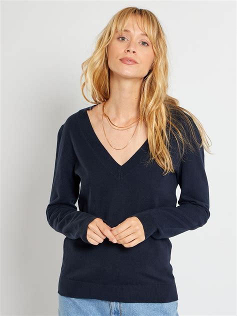 Pull Basique Col V Bleu Marine Kiabi