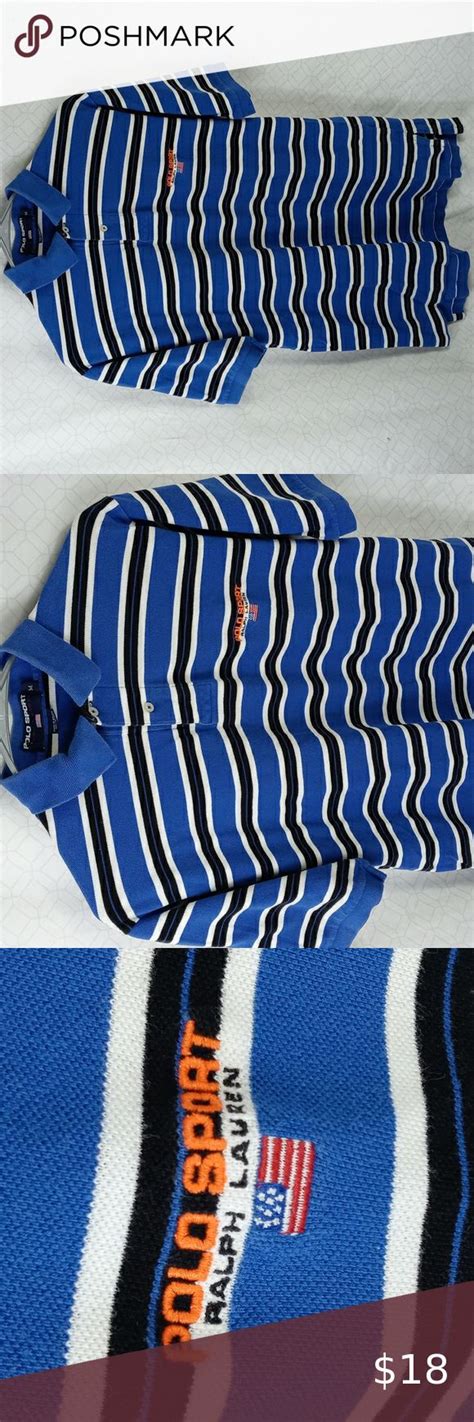 Med Polo Sport Blue White And Black Striped Mens Collard Short Sleeve