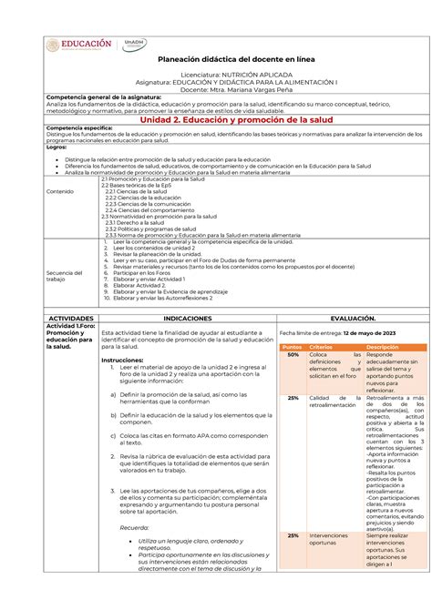 Actividades Unidad Planeaci N Did Ctica Del Docente En L Nea