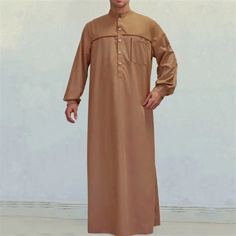 Muslim Men Jubba Thobe Long Sleeve Pocket Solid Color Breathable Robes