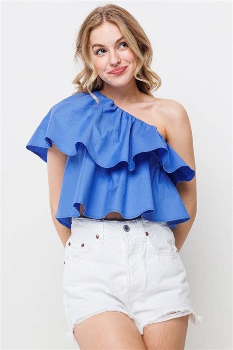 Ruffled One Shoulder Crop Top In Blue In 2024 Shoulder Crop Top Crop