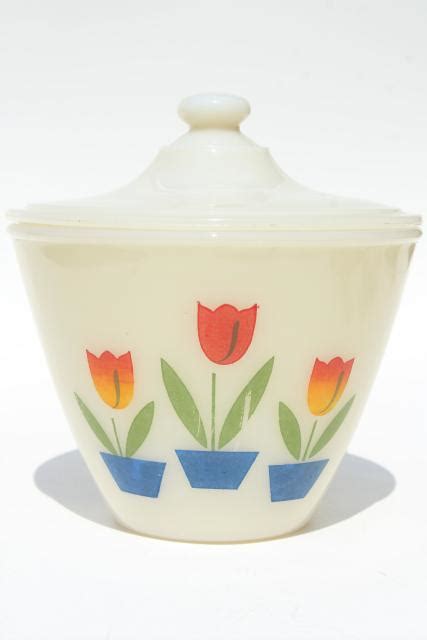 Vintage Fire King Tulip Covered Bowl Grease Jar Primary Tulips On Ivory Milk Glass