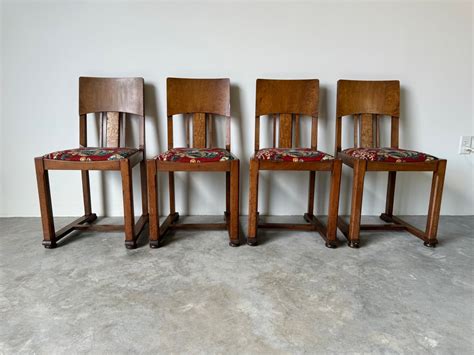 Antique French Country Farm House Cherry Wood Dining Chairs Set Of 4