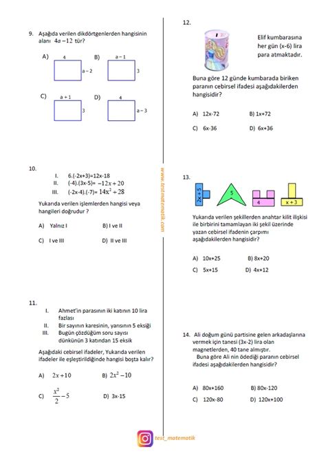 Sinif Ceb Rsel Fadelerle Arpma Lem Test Test Matematik