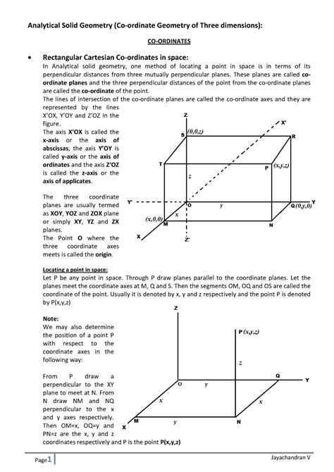 Coordinates Notes Analytical Solid Geometry Co Ordinate Geometry