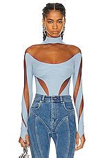 Mugler Illusion Cut Bodysuit In Light Blue Nude Fwrd