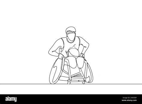 Continuous One Line Drawing Sportsman Play Rugby On Wheelchair Sport