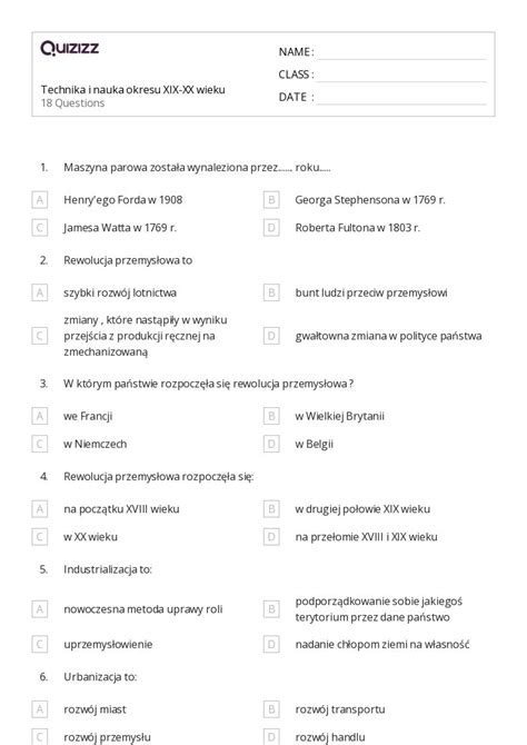 Ponad Rewolucja Przemys Owa Arkuszy Roboczych Dla Klasa W Quizizz
