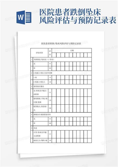 医院患者跌倒坠床风险评估与预防记录表 Word模板下载编号lbnnxbpg熊猫办公