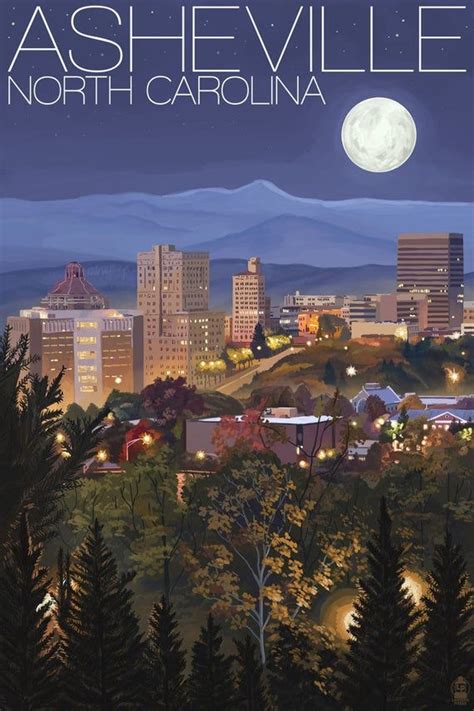 Asheville North Carolina Skyline At Night Art Prints Wood And Metal