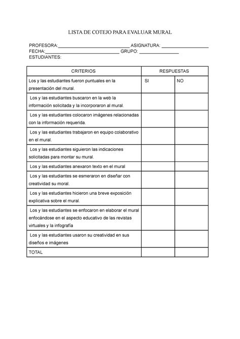 Lista DE Cotejo PARA Evaluar Mural LISTA DE COTEJO PARA EVALUAR MURAL