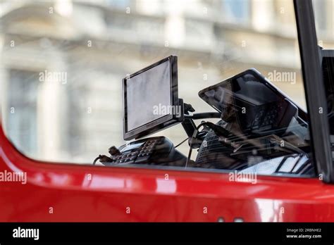 Firetruck interior GPS and radio closeup, modern fire department ...