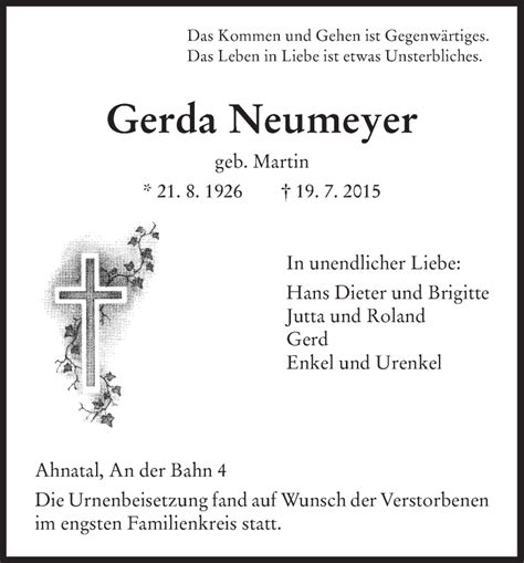 Traueranzeigen Von Gerda Neumeyer Trauer Hna De