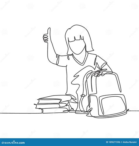 One Line Drawing Of Young Happy Elementary School Girl Student Packing