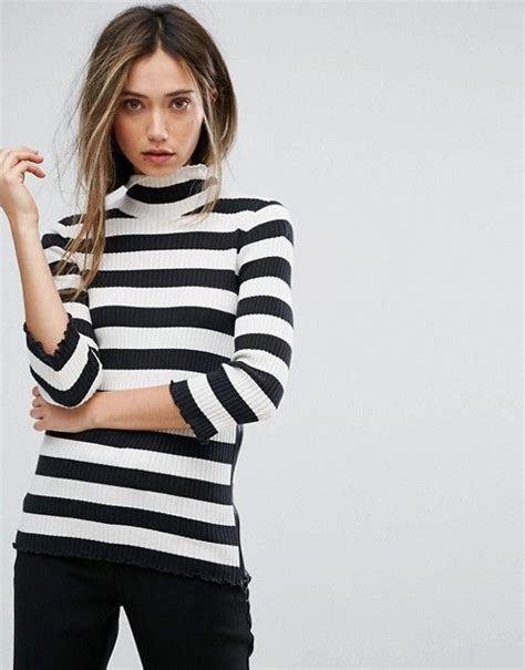 Sisley High Neck Stripe Ribbed Knit Top