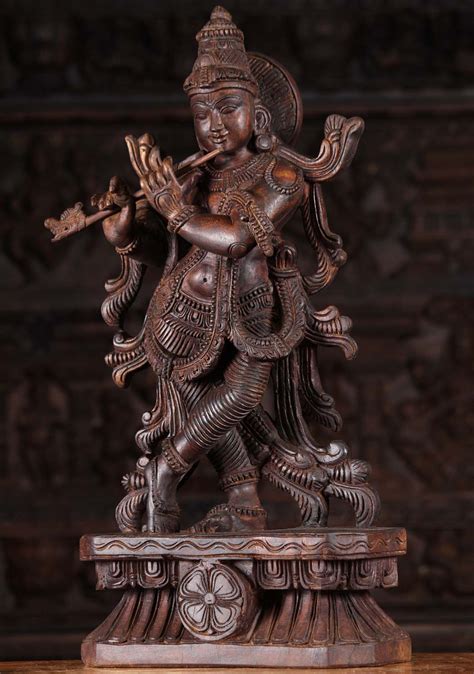 Sold Wood Gopal Krishna Playing Flute Sculpture W T Hindu