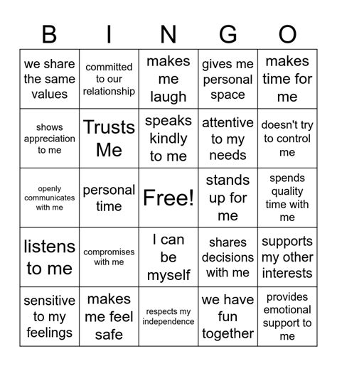 Healthy Relationships Bingo Card