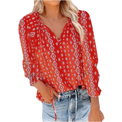 Jggspwm Womens Boho Tops Floral V Neck Long Sleeve Spring Fall Blouse