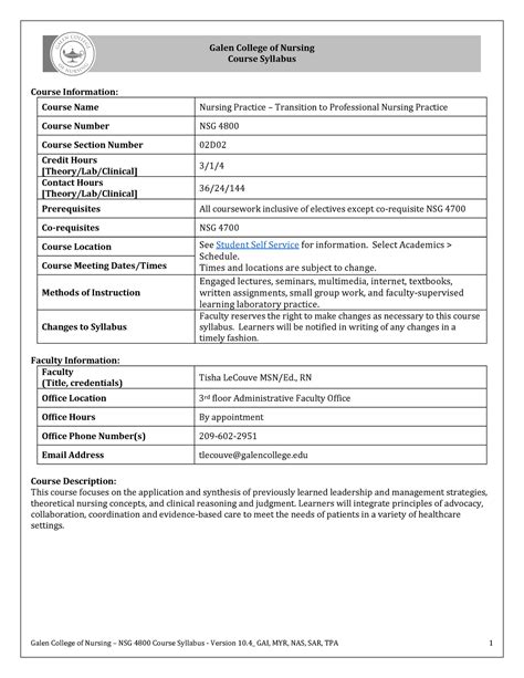 NSG 4800 Syllabus Version 7 4 Le Couve T 02D02 Winter 2023 TPA Galen